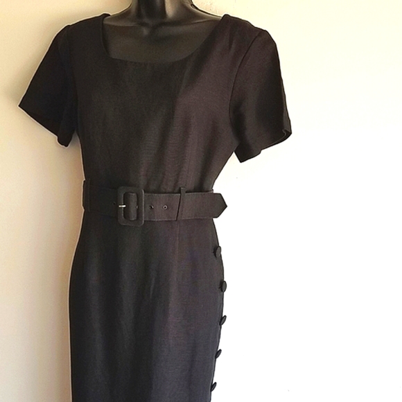 Vintage Belted Linen-Blend Side Button Midi Dress - Picture 3 of 7